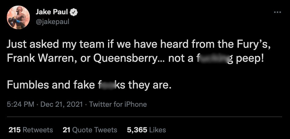 Frank Warren and Jake Paul in X-rated Twitter War after Tommy Fury's YouTuber labels Tommy Fury's team fumbles and fake f**ks.