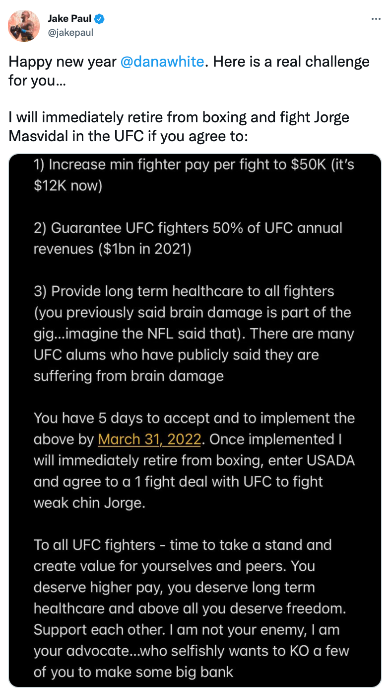 Dana White replies to Jake Paul's claim that he will RETIRE boxing if the UFC chief pays more stars and provides healthcare