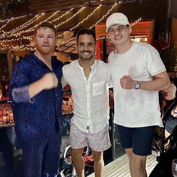 Canelo Alvarez poses with Max Verstappen during the F1 and boxing champions' party