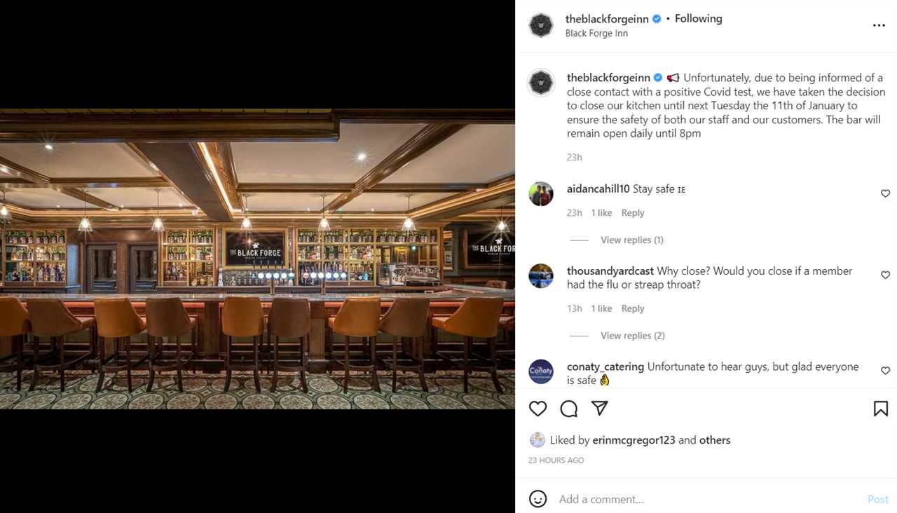 Conor McGregor's pub The Black Forge was forced to temporarily close its kitchen because of Covid-19