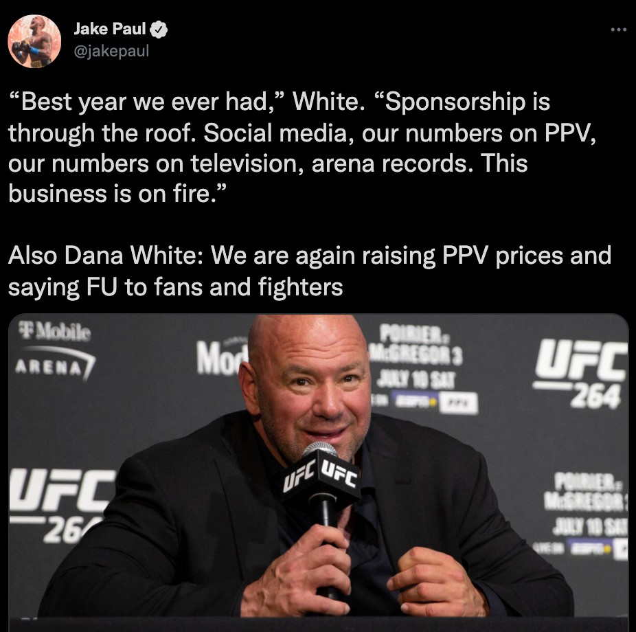Jake Paul attacks Dana White AGAIN over fighter pay after UFC announces controversial UFC pay per view price increase