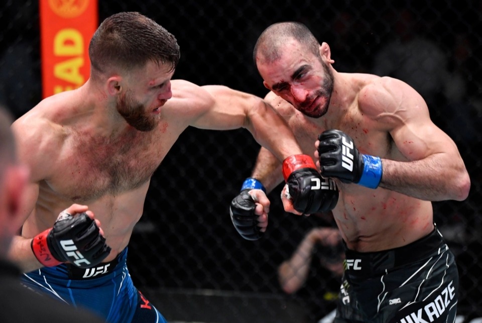UFC star Giga Chkadze displays a bloody face and horrendous post-fight injuries following a brutal Calvin Kattar fight