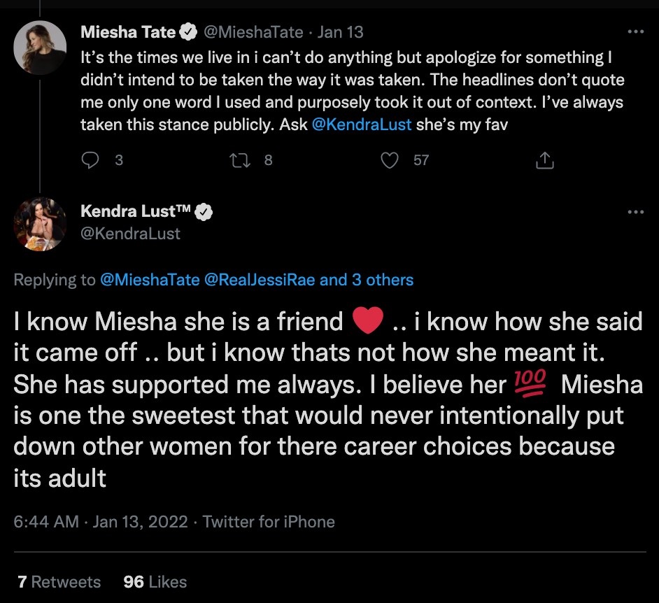 UFC legend Miesha Tate had to apologize for OnlyFans jibe, as porn star Kendra Lust leaps in to her defense