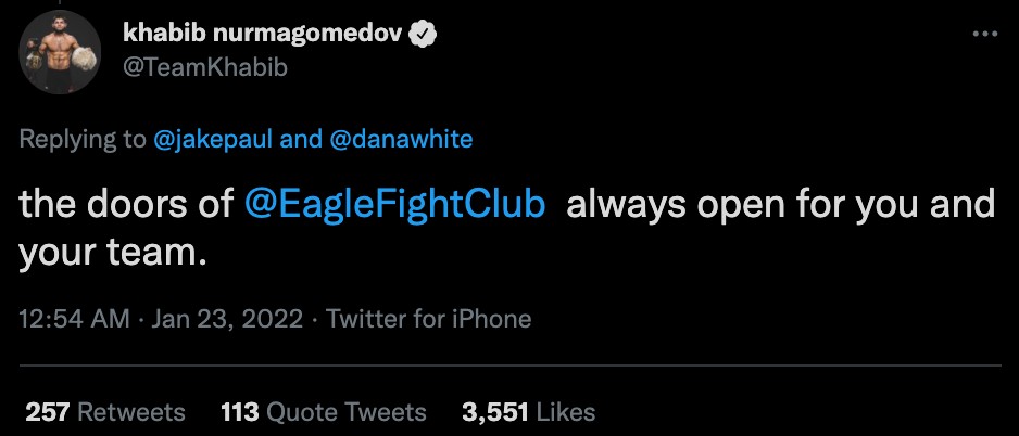 UFC legend Khabib offers Jake Paul a fight in his MMA show. He tells YouTuber EFC that 'doors are always open for you'