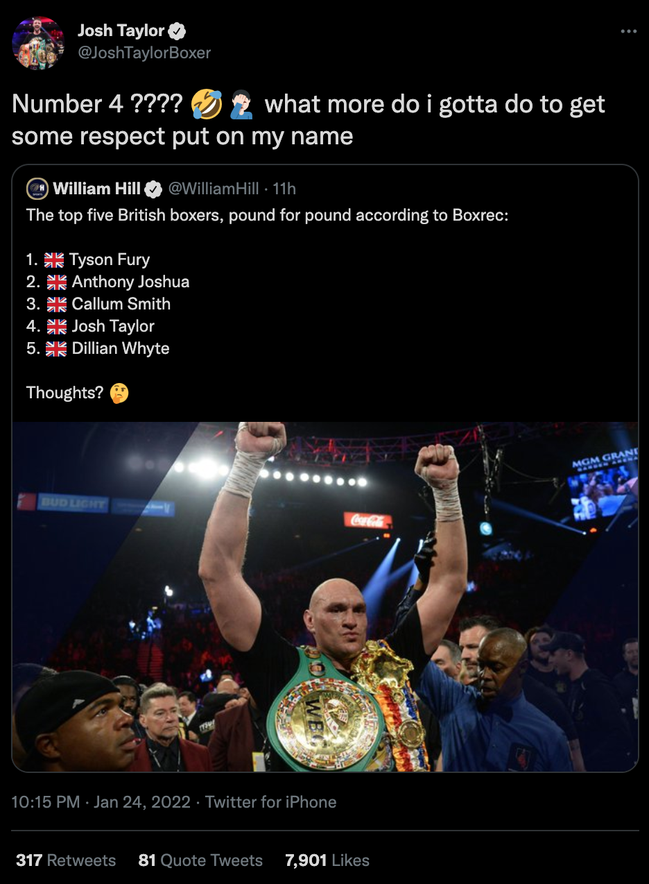 Josh Taylor is furious at the 'disrespectful P4P rankings, as he was named fourth best Brit after Tyson Fury or Anthony Joshua