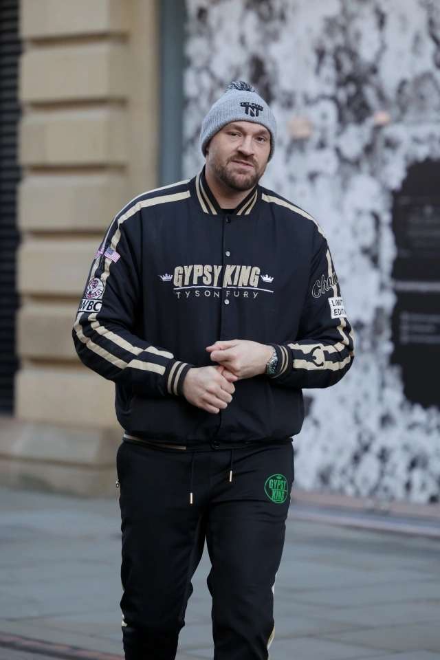Tyson Fury was spotted in Manchester sporting branded gear while he prepares to fight Dillian Whyte in the Brit War.