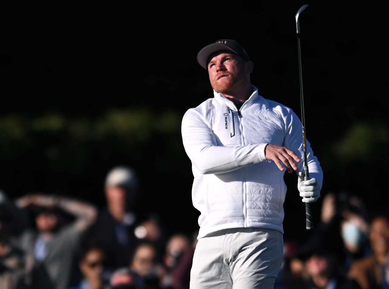 As host of the Pebble Beach Pro-Am, Canelo Alvarez hits an incredible shot only inches from the hole in one.