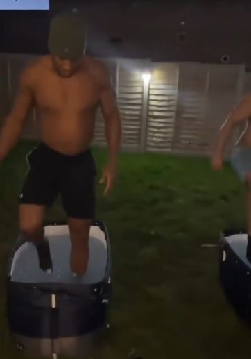 Anthony Joshua takes a freezing cold ice bath during a late-night recovery session in preparation for the Oleksandr Usyk match.