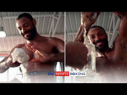 After training Behind The Ropes Tease, Kell Brook sweats from his tee shirt.