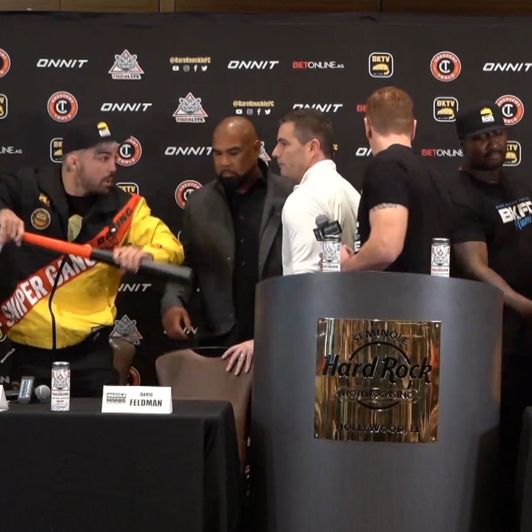 In a fiery press conference, Mike Perry, an ex-UFC fighter, threatens to strike bare-knuckle opponents with a BASEBALL BOAT