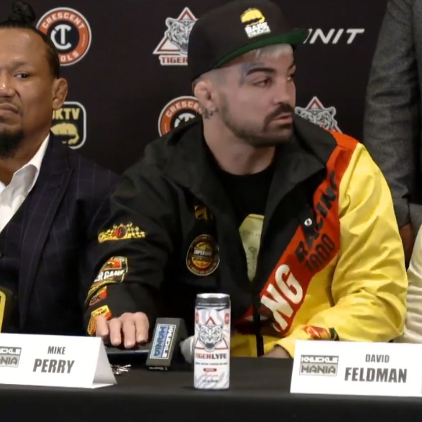 In a fiery press conference, Mike Perry, an ex-UFC fighter, threatens to strike bare-knuckle opponents with a BASEBALL BOAT