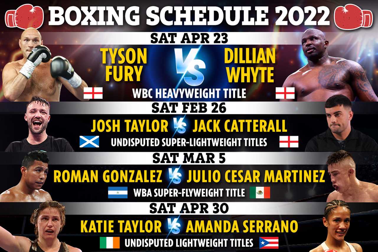 Boxing schedule 2022: Upcoming fights, fixture schedule including Fury vs Whyte DATE, Taylor vs Catterall THIS WEEKEND