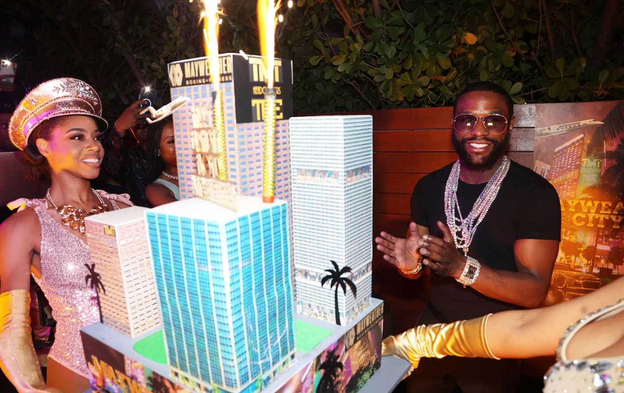 Floyd Mayweather celebrates his birthday with bikini-clad women carrying giant boxes of the billionaire boxing business empire.