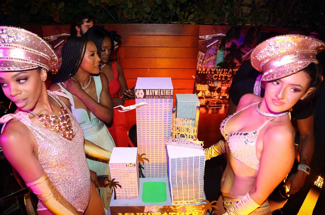 Floyd Mayweather celebrates his birthday with bikini-clad women carrying giant boxes of the billionaire boxing business empire.