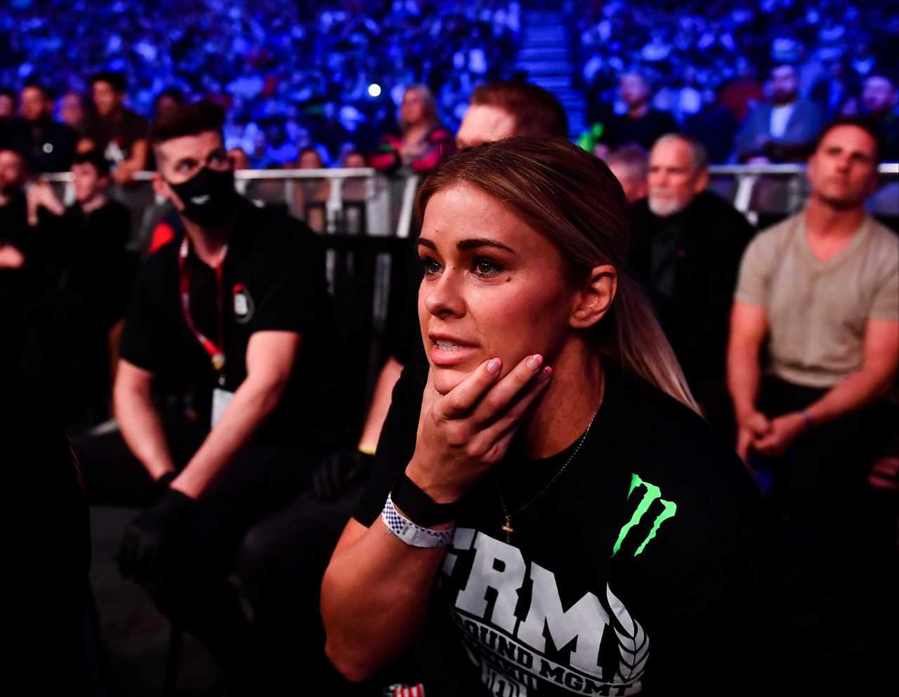Paige VanZant watches as Vanderford curls into an oblong ball at Bellator Dublin.
