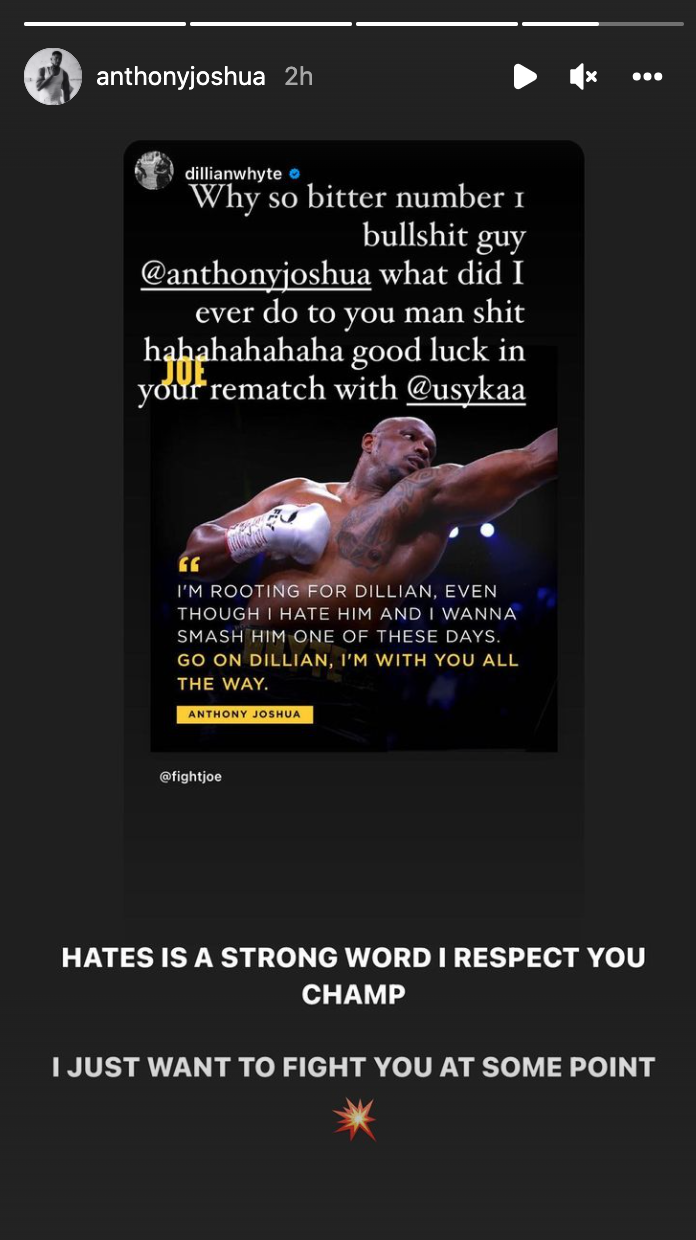 Anthony Joshua confirms that he wants Dillian Whyte to rematch. The rivals engage in an Instagram spat ahead Fury and Usyk fights