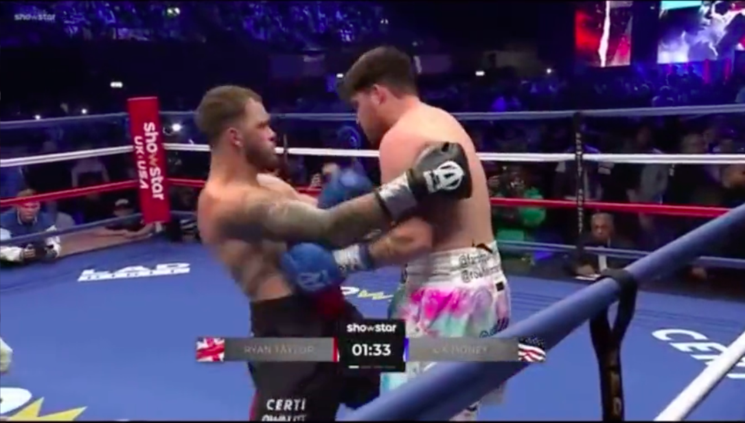 Celebrity boxing match ends with chaos, as YouTube star Ryan Taylor HEADBUTTS opponent 'DK money' in front Anthony Joshua