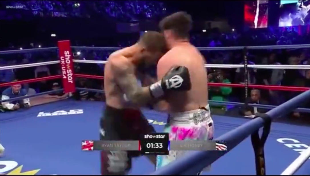 Celebrity boxing match ends with chaos, as YouTube star Ryan Taylor HEADBUTTS opponent 'DK money' in front Anthony Joshua