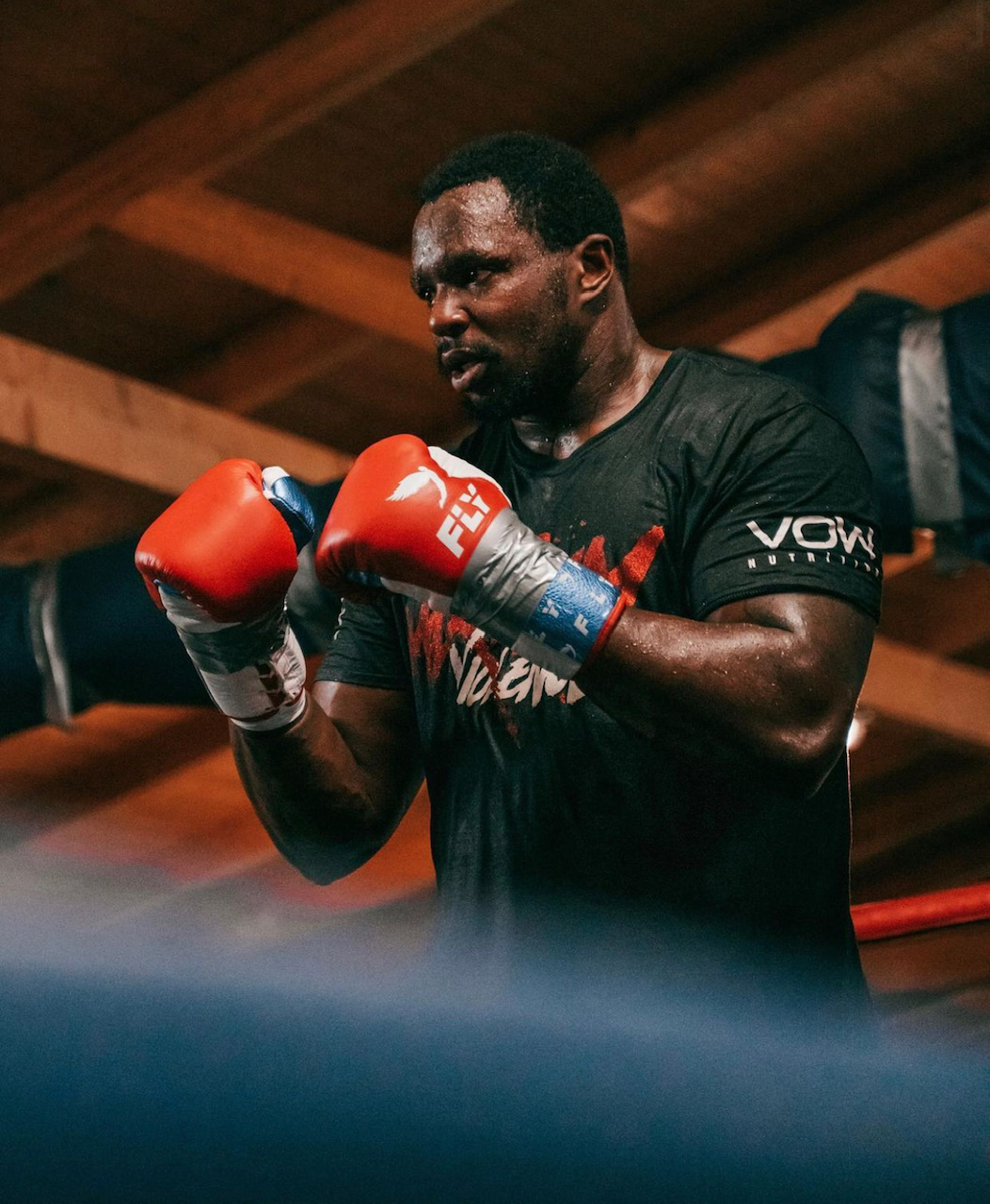 Coming with style - Tyson Fury fans love Dillian Whyte’s gloves. The gloves are blue, red, and white.