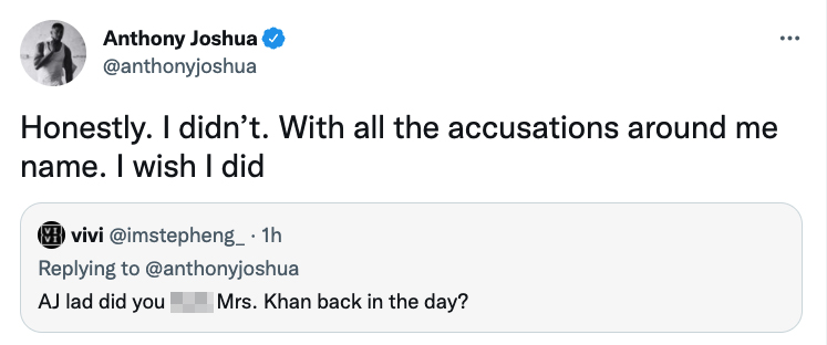 Anthony Joshua jokes that he wishes he had slept with Amir Khan's spouse, as Faryal Makhdoom denies the 'affair' claim.