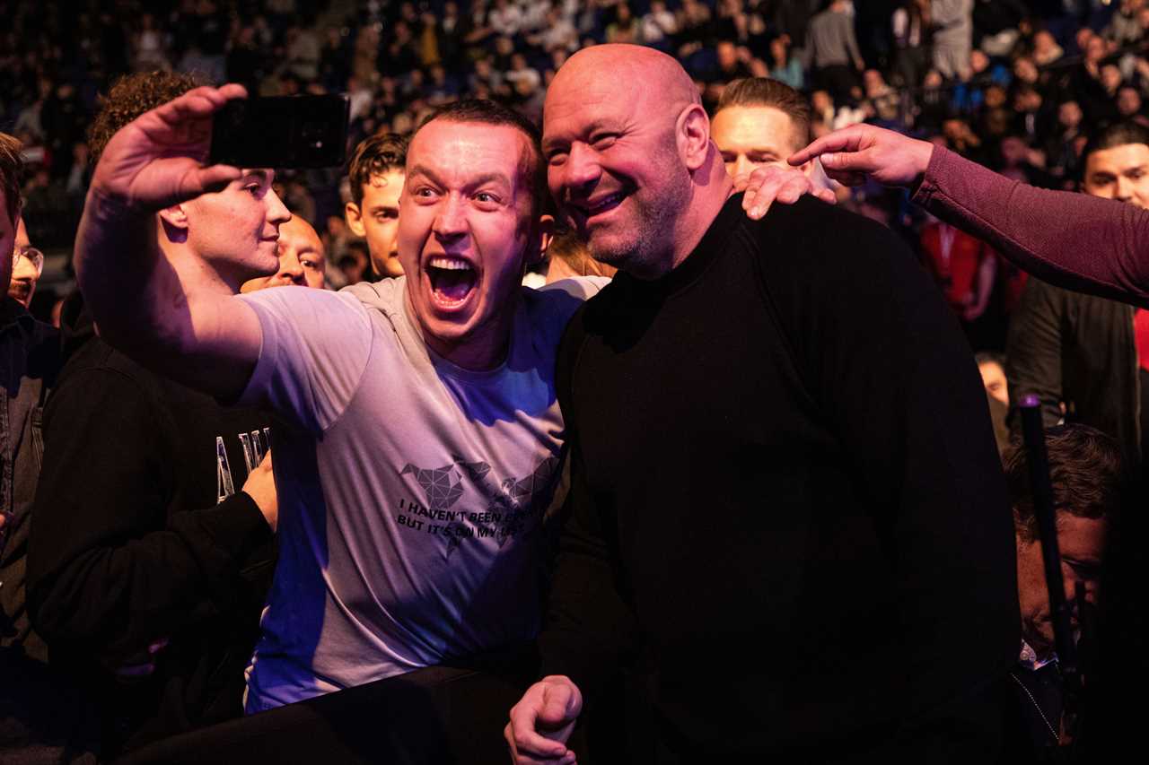 Wayne Rooney and Paddy Pimblett celebrate with Molly McCann and Molly McCann as Derby boss watches UFC London