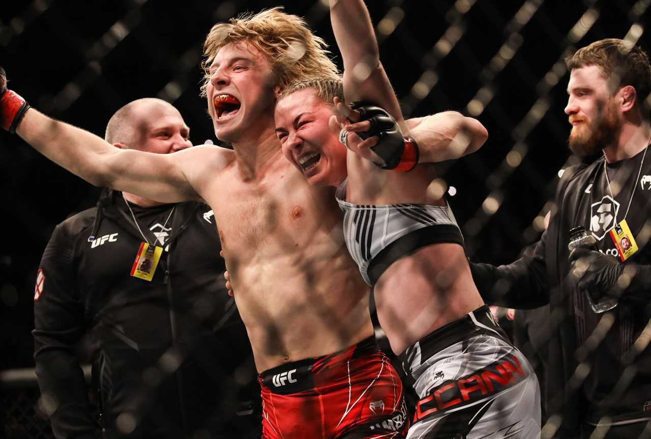 Wayne Rooney and Paddy Pimblett celebrate with Molly McCann and Molly McCann as Derby boss watches UFC London