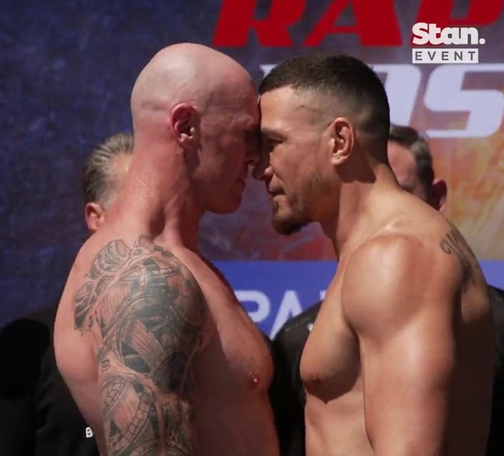 Watch AFL legend Barry Hall HEADBUTT nervous Sonny Bill Williams weigh in before the boxing fight