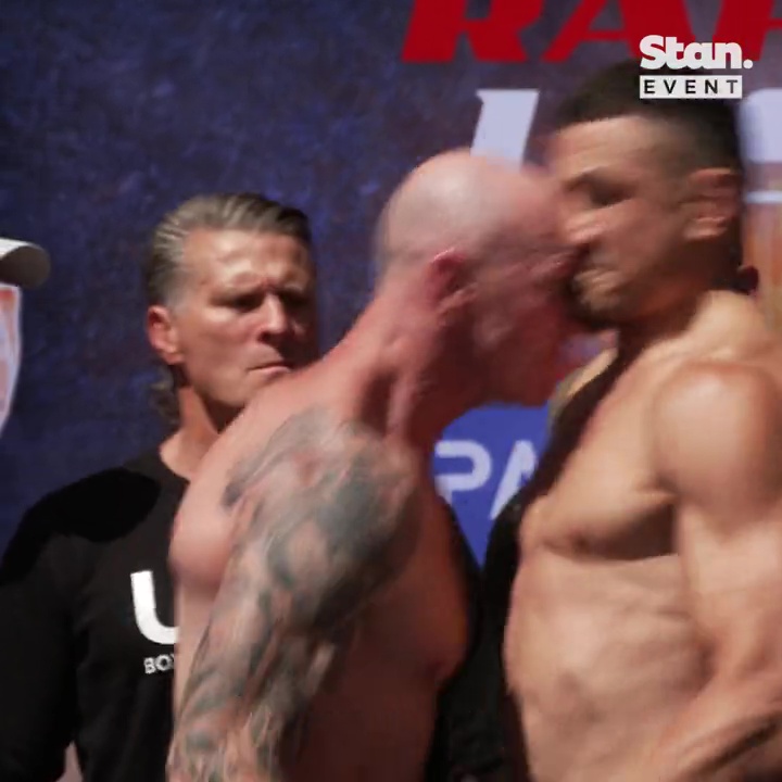 Watch AFL legend Barry Hall HEADBUTT nervous Sonny Bill Williams weigh in before the boxing fight