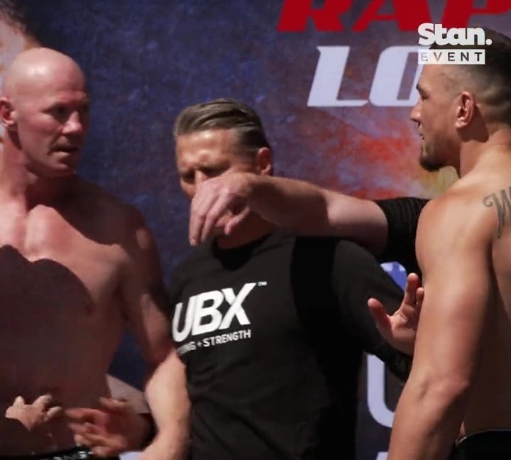 Watch AFL legend Barry Hall HEADBUTT nervous Sonny Bill Williams weigh in before the boxing fight