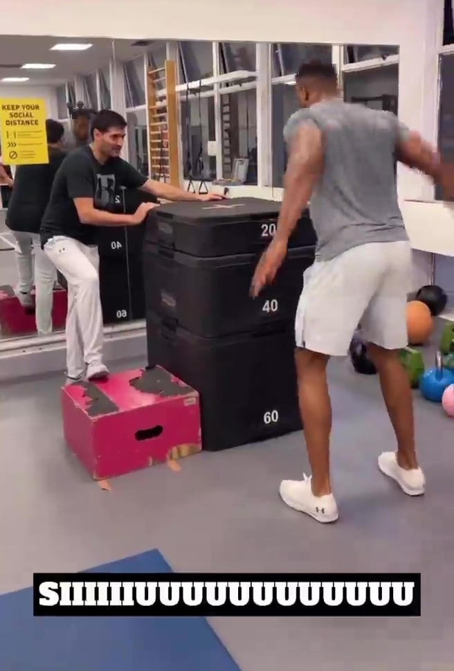 Watch Anthony Joshua's impressive training regimen before he wins the football tennis match against his friends
