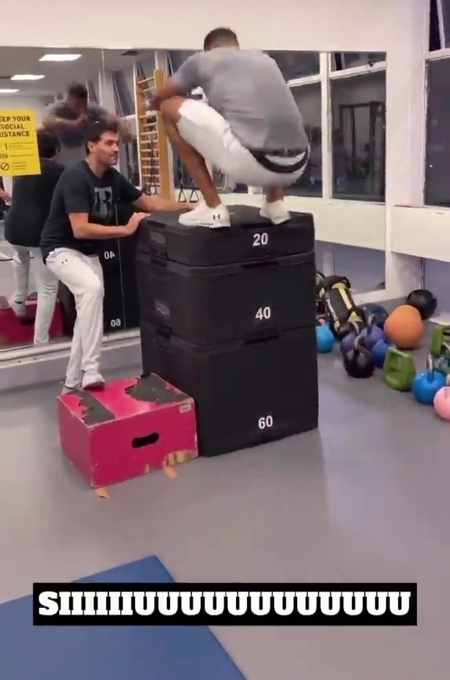 Watch Anthony Joshua's impressive training regimen before he wins the football tennis match against his friends
