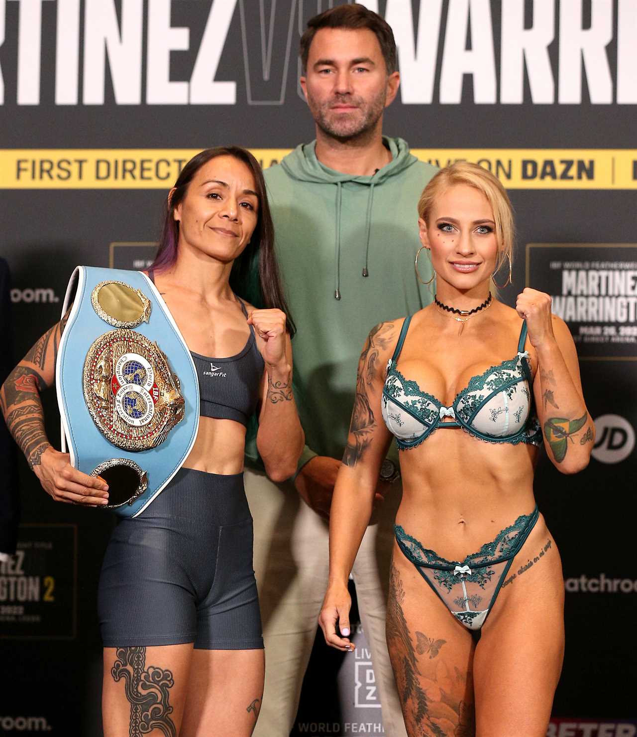 Ebanie bridges strips to her bra and knickers in order to weigh in for the world title fight against Maria Cecilia Roman