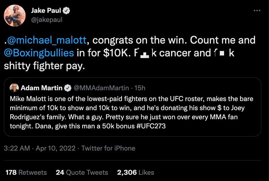 Jake Paul donates PS7,700 to UFC fighter Malott in support of his daughter fighting lymphoma.