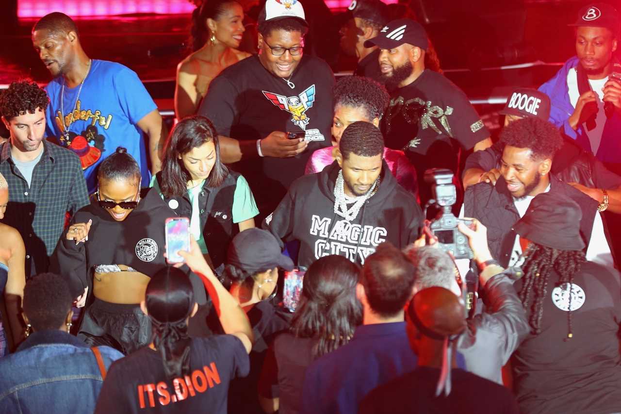 Floyd Mayweather joins Usher and Meek to rock out in New York's roller disco.