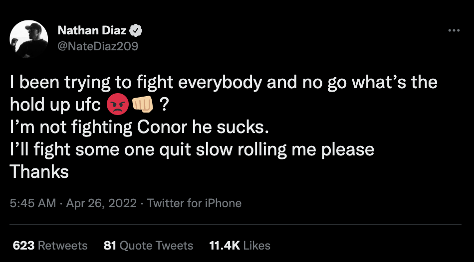 Nate Diaz decides to fight Conor McGregor in a trilogy fight and tells his bitter rival that he'sucks’ in a new fight demand for the UFC