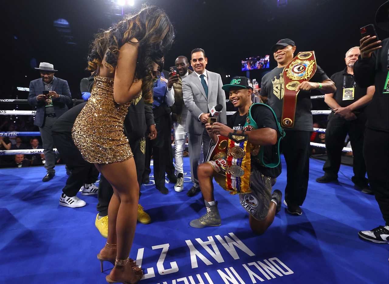 Watch Shakur Stevenson proposing to his girlfriend in a ring after beating Oscar Valdez in the junior lightweight division.