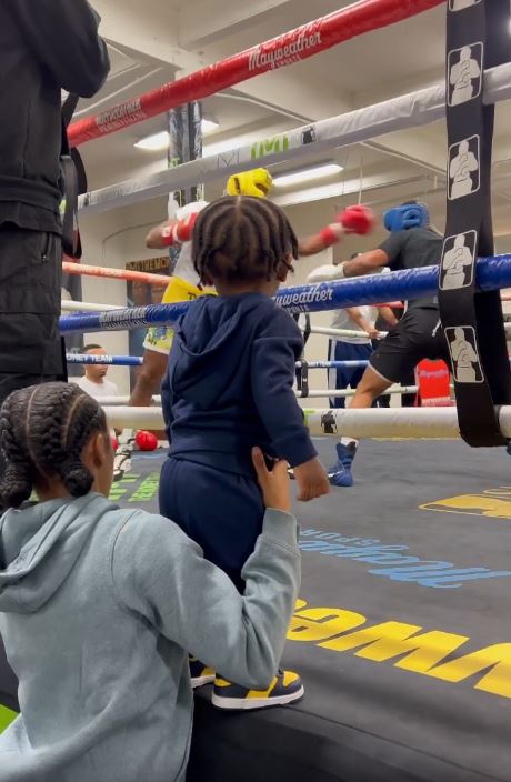 Watch 45-year-old Floyd Mayweather sparring in preparation for Don Moore fight with grandson standing on ring mat