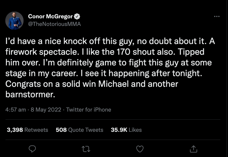 Conor McGregor agrees that Michael Chandler fight after witnessing Tony Ferguson's brutal front kickKO at UFC 274