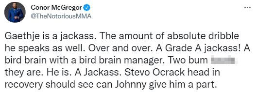 Conor McGregor calls Justin Gaethje, UFC competitor, a 'Grade A jackass and a 'bum T ***'' after Charles Oliveira's loss