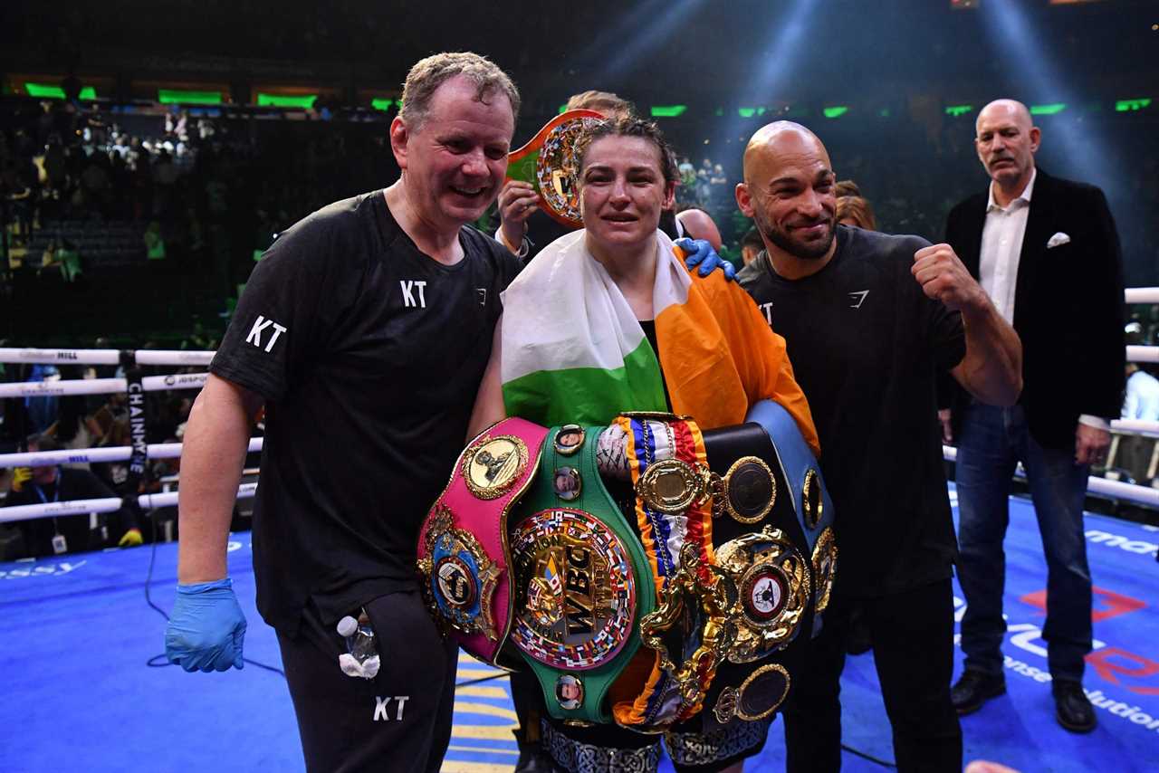 Katie Taylor celebrates Amanda Serrano's win in Madison Square Garden boxing championship.