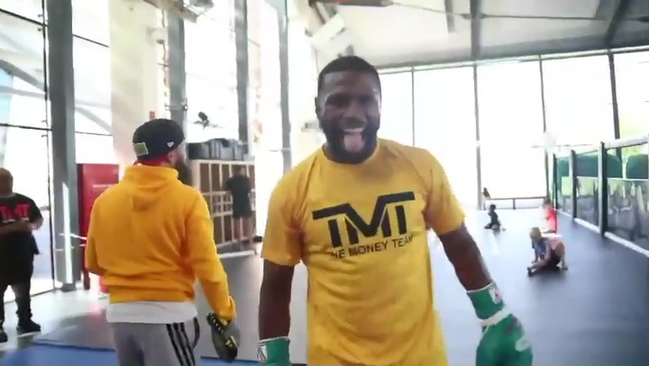 Floyd Mayweather, 45 is able to dodge punches while boxing legend Don Moore trains for his comeback fight