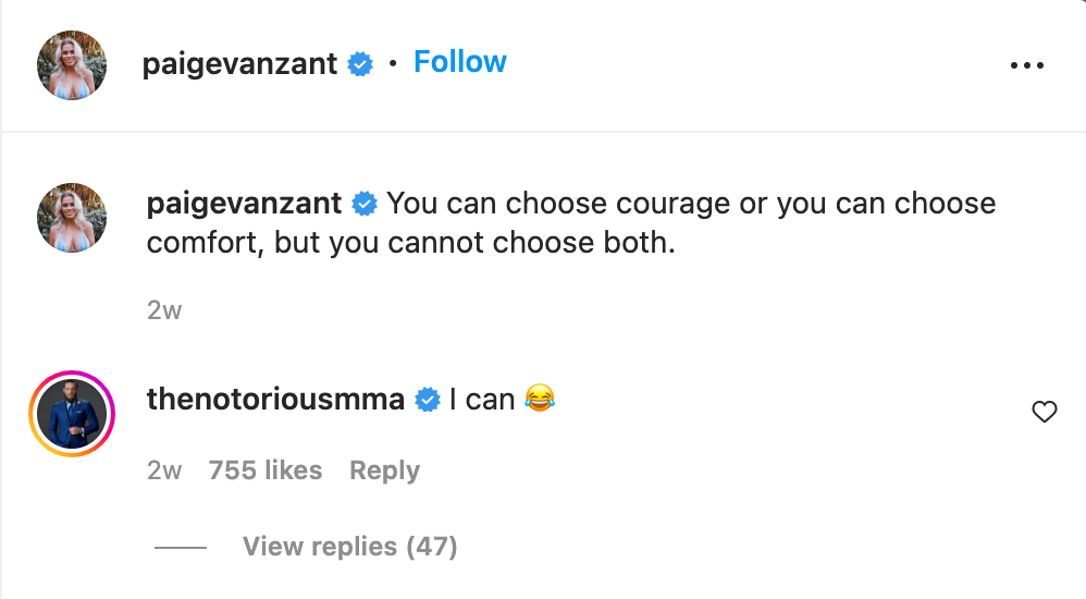 UFC fans are all saying the exact same thing. Conor McGregor's cheeky response to Paige VanZant's post has UFC fans going wild