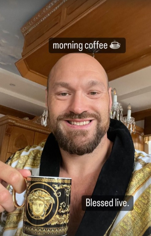 ‘Blessed live’ – Tyson Fury enjoys morning cup of coffee out of £117 Versace MUG as heavyweight king enjoys retirement