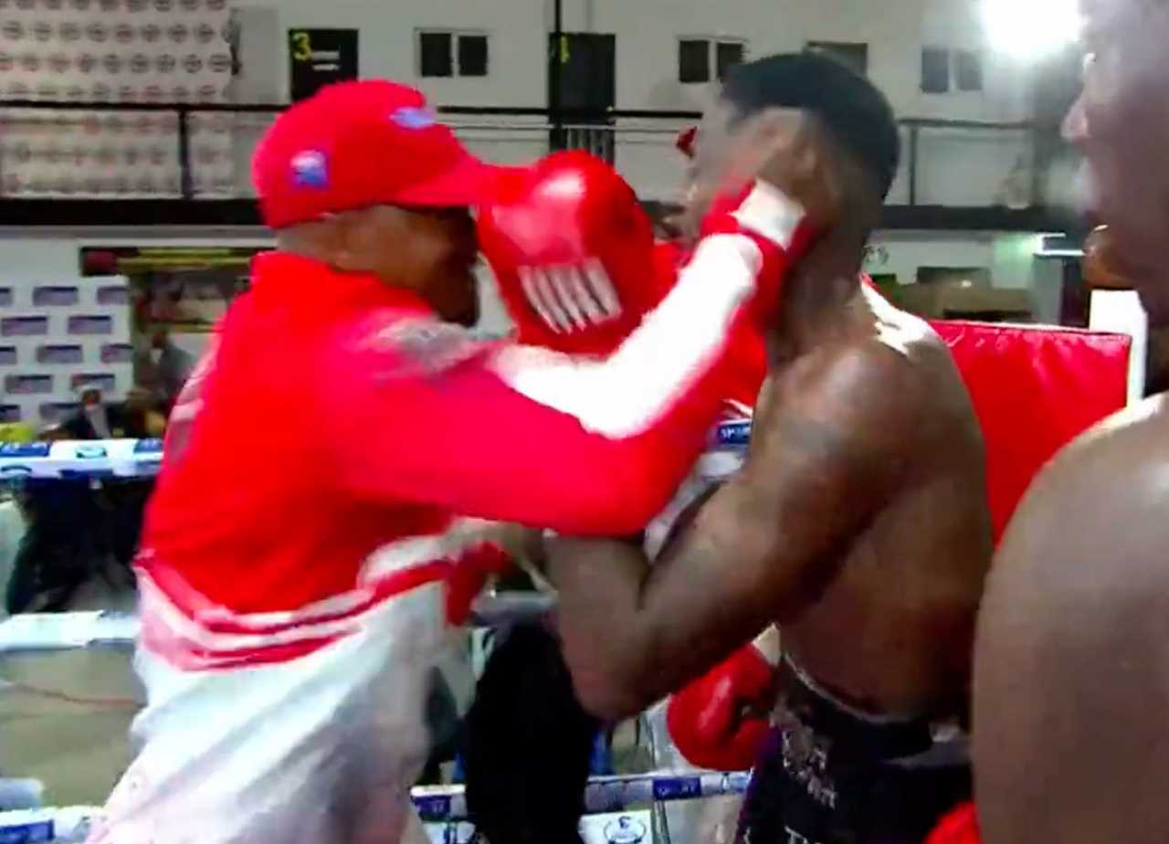 Watch shocking moment boxer’s trainer enters ring after final bell and ATTACKS triumphant opponent