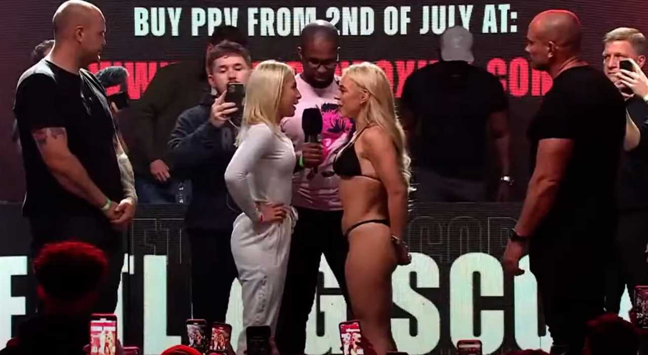 Astrid Wett and Elle Brooke, models for OnlyFans, trade blows in advance of a boxing fight. Brooke mocks her rival with COFFIN