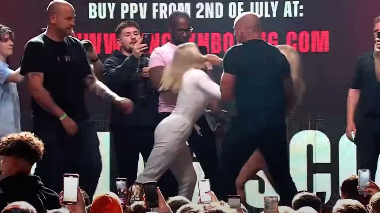 Astrid Wett and Elle Brooke, models for OnlyFans, trade blows in advance of a boxing fight. Brooke mocks her rival with COFFIN