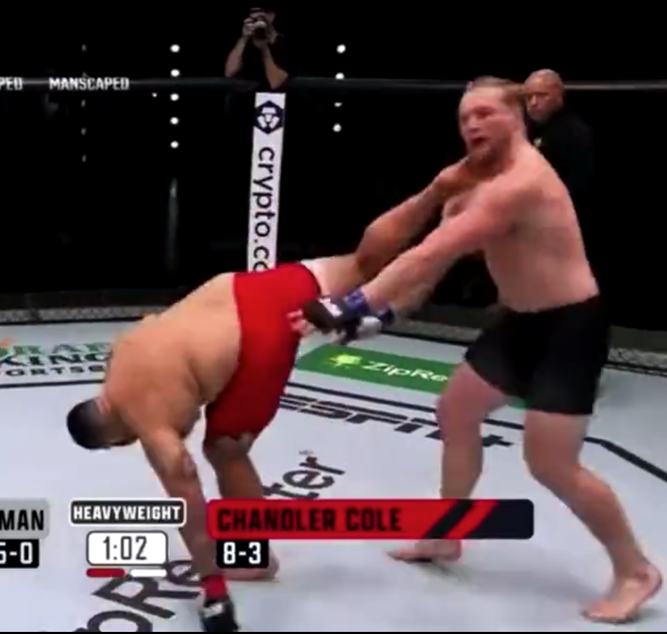 Dad bod role model - Chandler Cole, 265 lbs., lands a stunning spinning back-heel kick... yet loses MMA bout