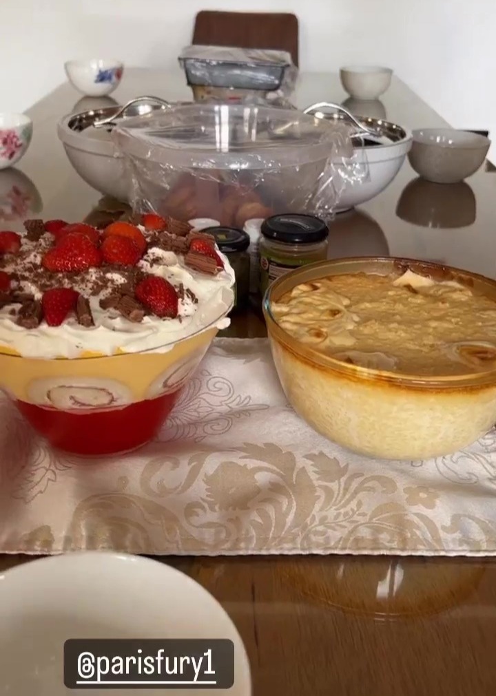 Paris Fury treats Tyson to a giant trifle and rice pudding desserts as he celebrates Father's Day.