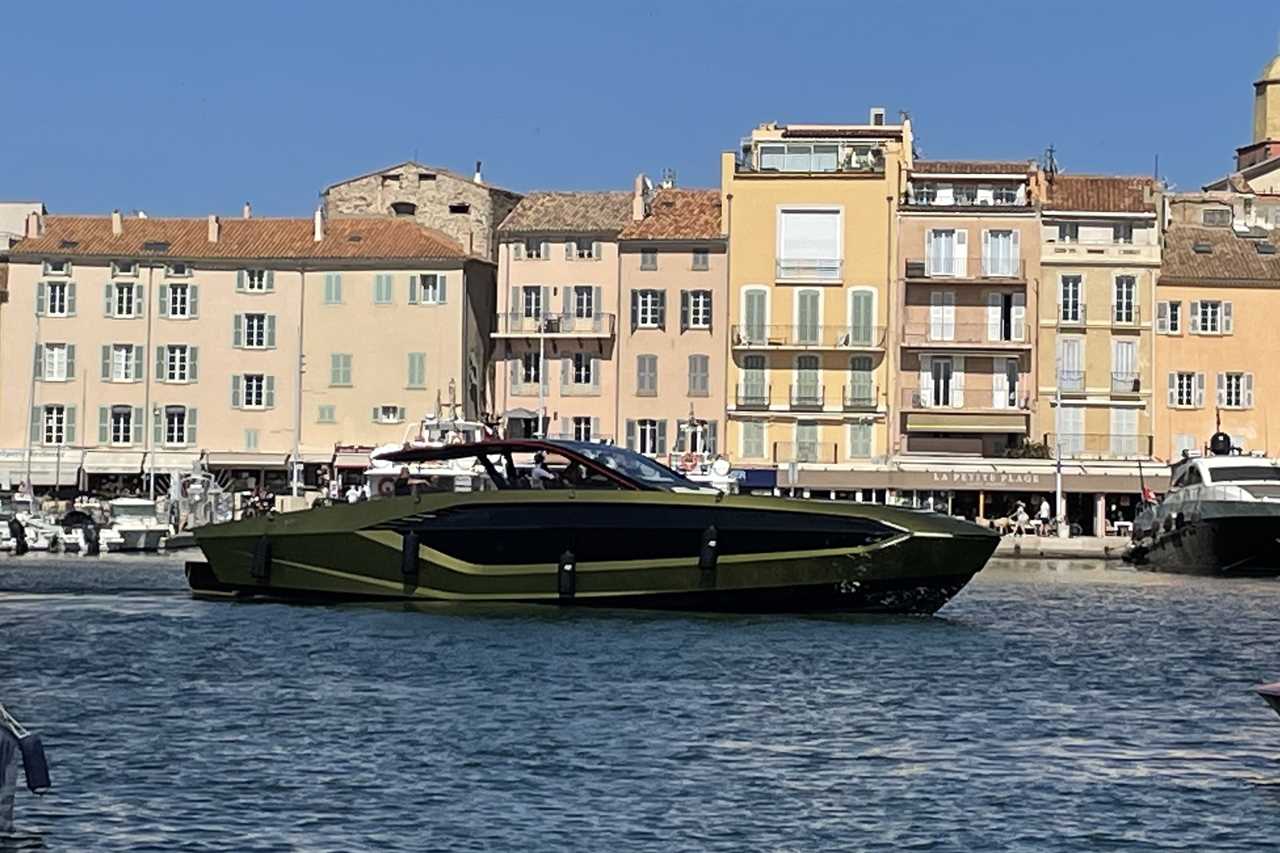 Conor McGregor takes Dee Devlin on a spin as he drives his PS2.7m Lamborghini Yacht across the south coast of France.
