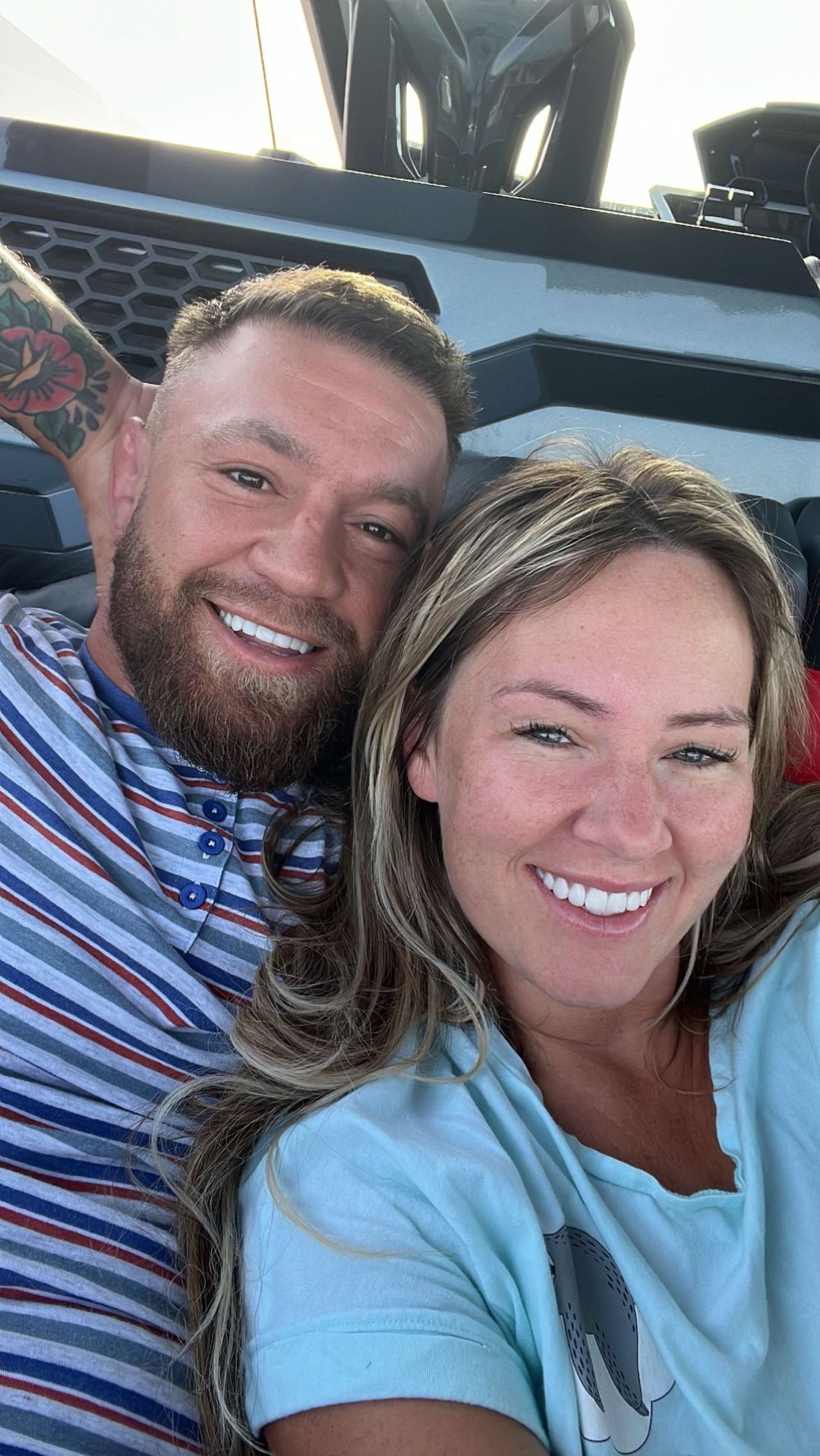 Conor McGregor takes Dee Devlin on a spin as he drives his PS2.7m Lamborghini Yacht across the south coast of France.